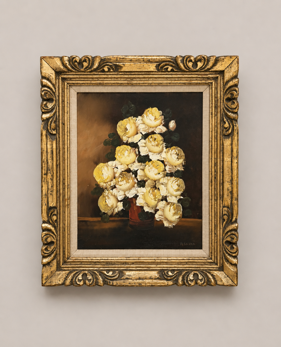 Vintage Large Yellow Roses Oil