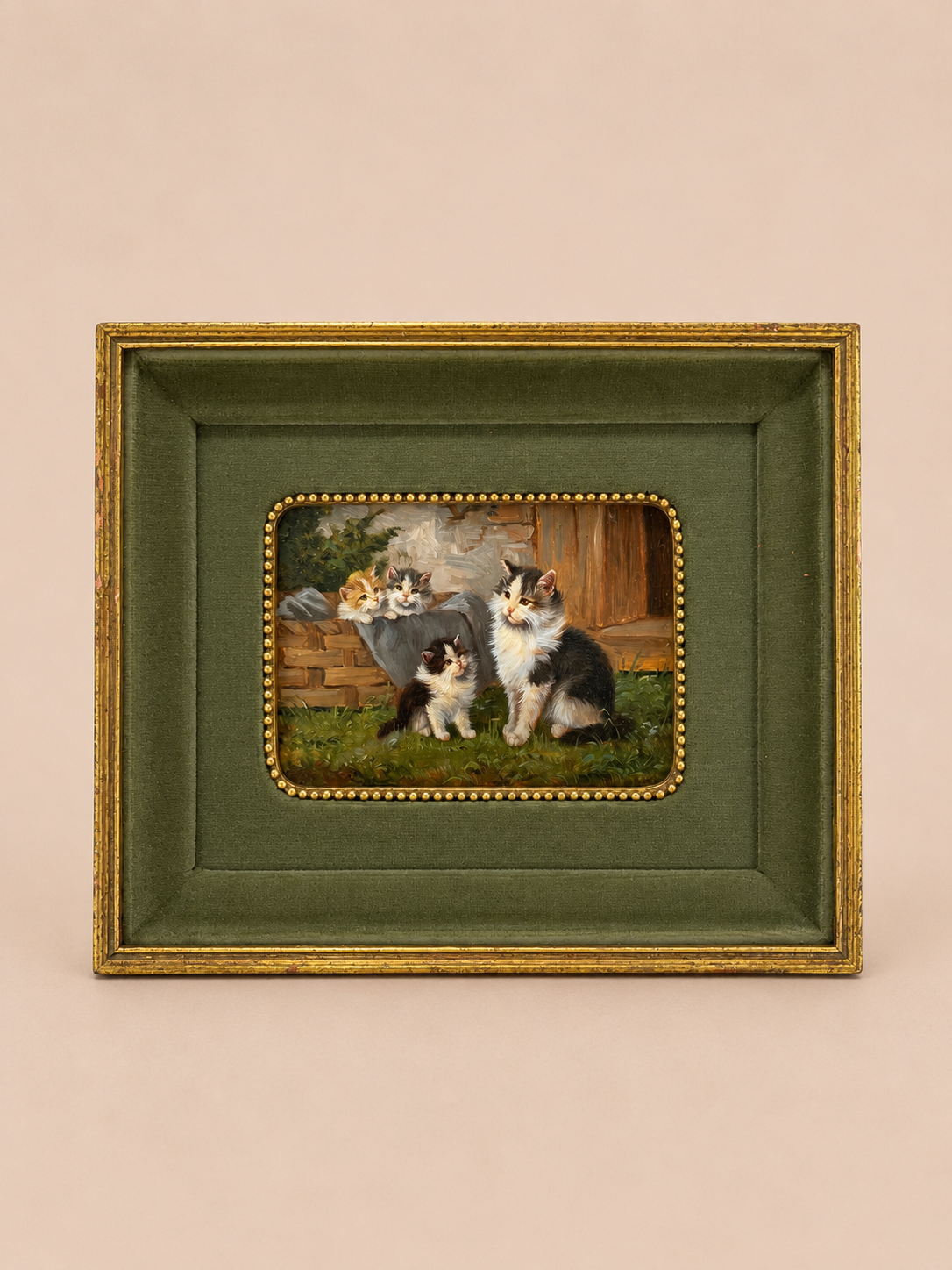 Vintage Oil Painting Mother & Kittens