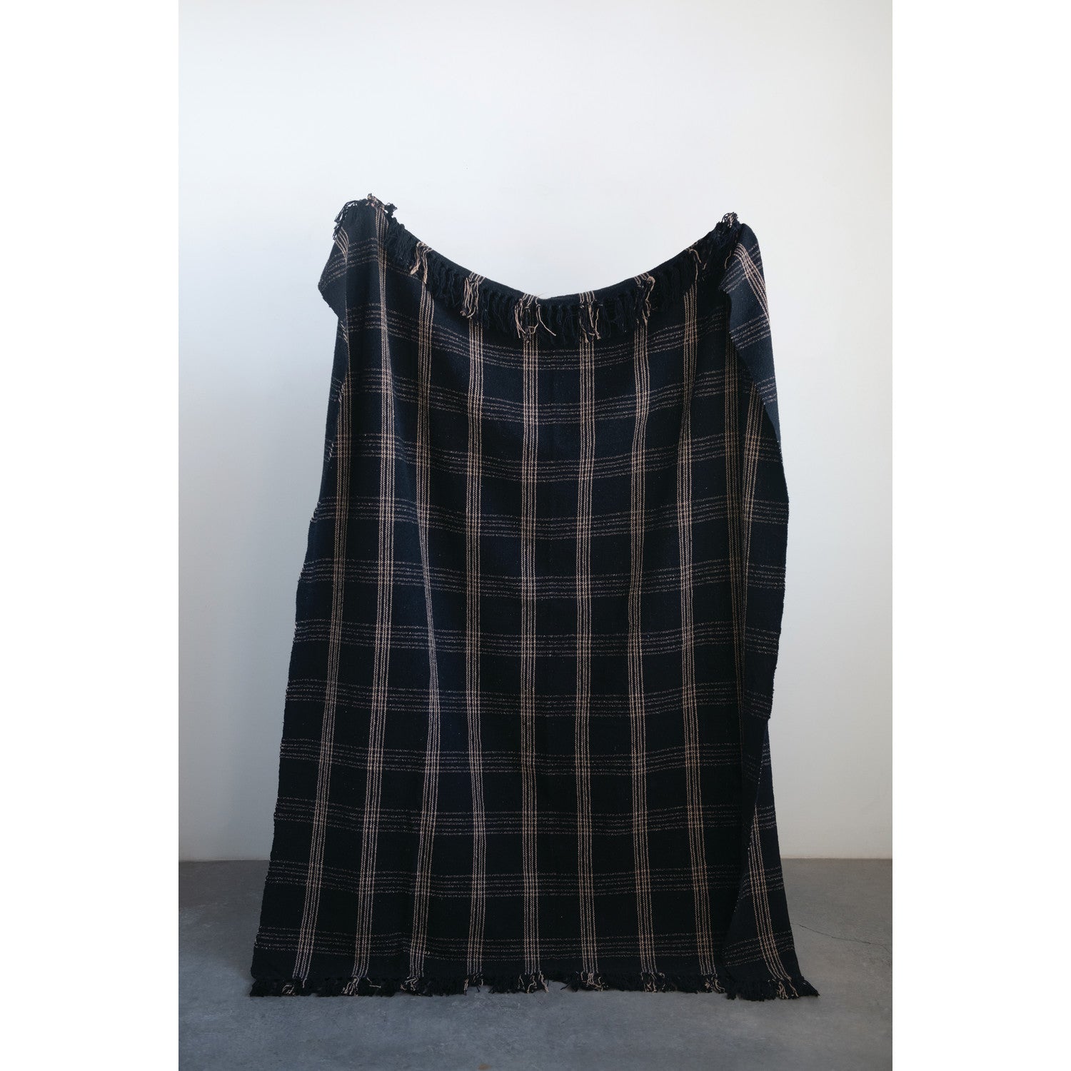 Black & Tan Plaid Throw with Fringe