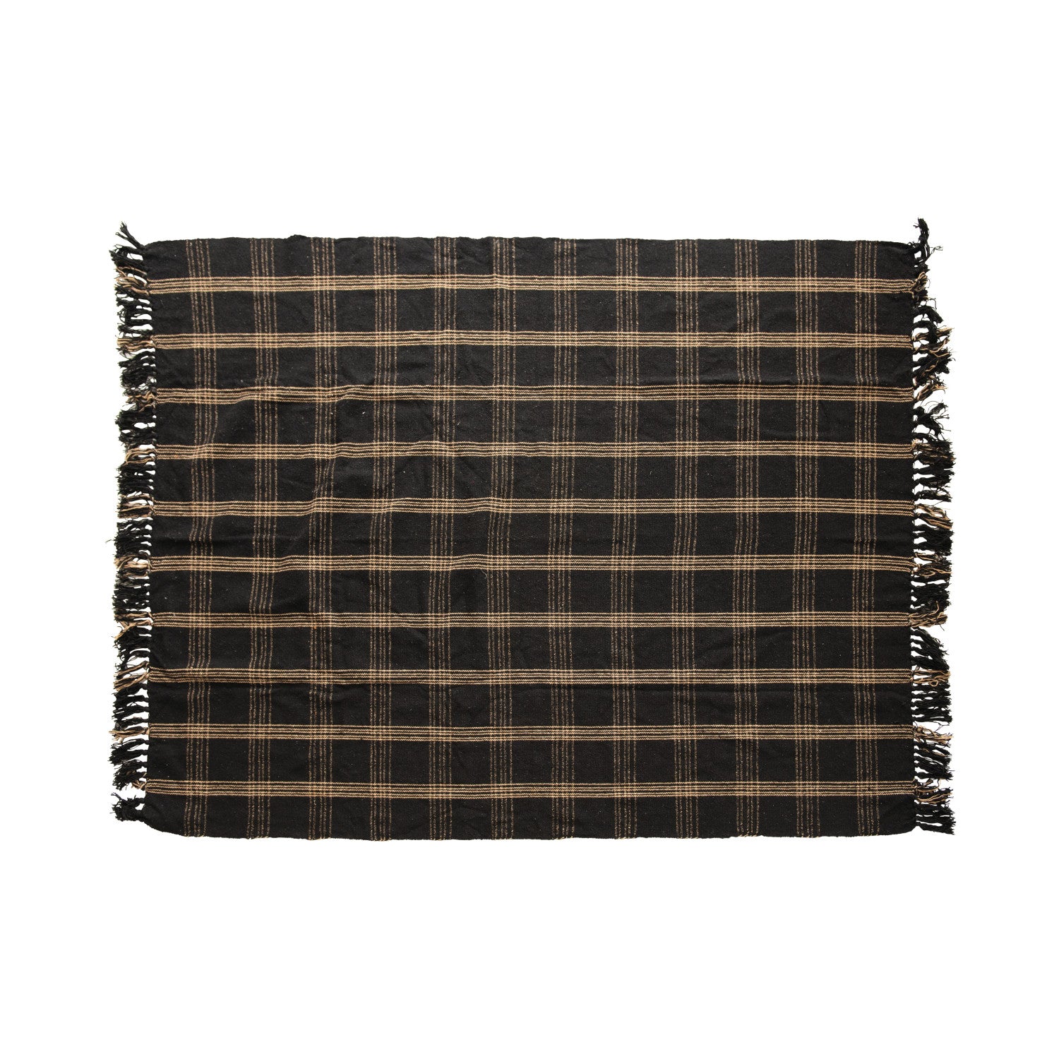 Black & Tan Plaid Throw with Fringe
