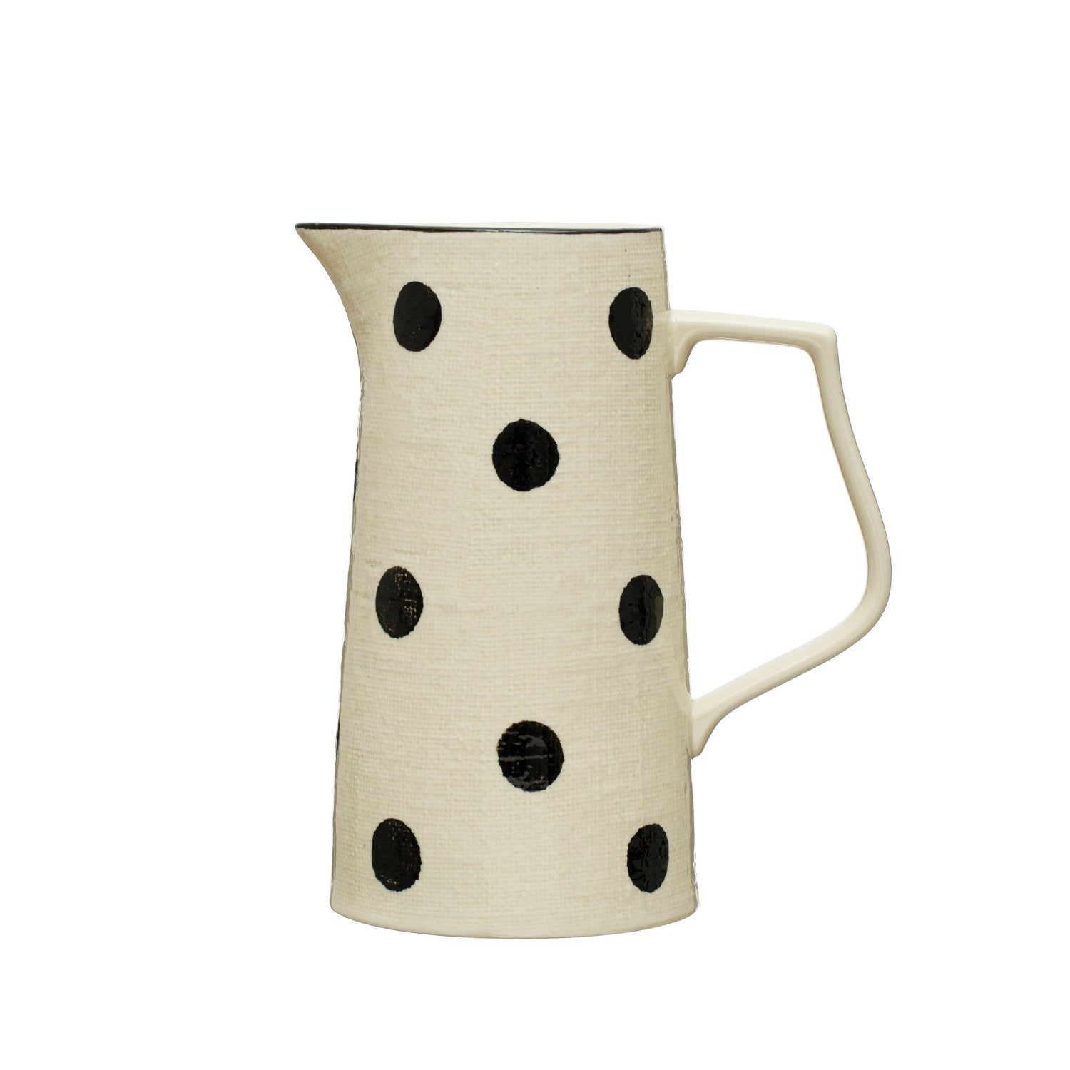 2-1/2 Quart Hand-Painted Stoneware Pitcher w/ Dots & Linen Texture, Black & Cream Color