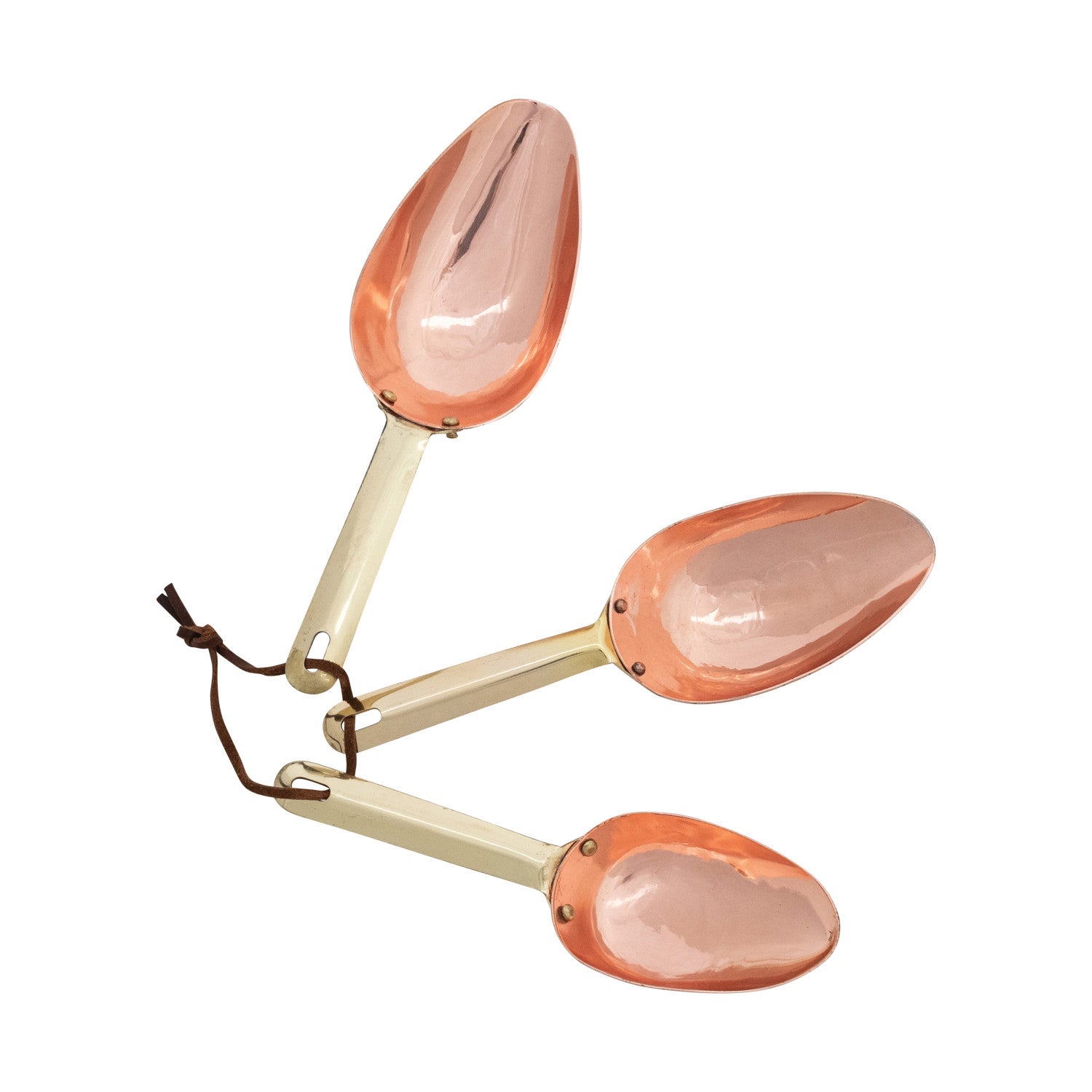 Stainless Steel Scoops w/ Leather Tie, Copper & Brass Finish, Set of 3